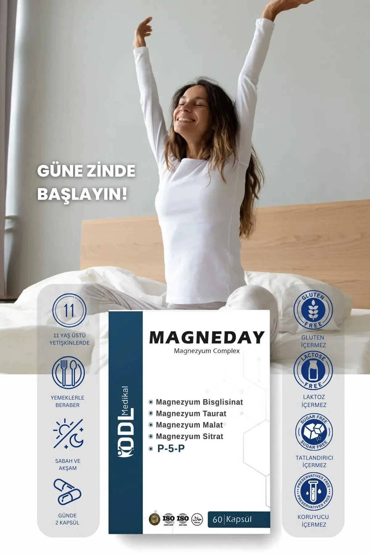 Magneday Magnezyum Complex 60 Kapsül ( Bisiglisinat I Taurat I Malat I Sitrat I B6 Vitamini )