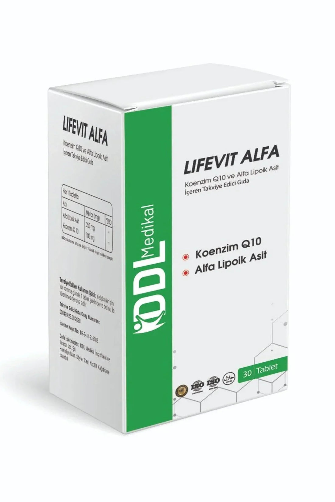Lifevit Alfa 30 tablet kutusu: koenzim Q10 ve alfa lipoik asit
