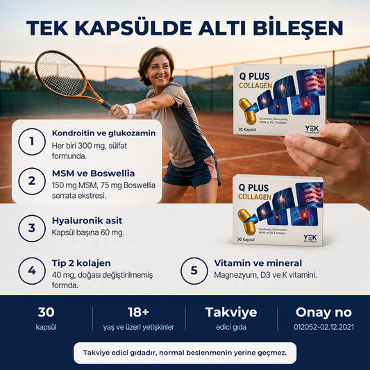 Q Plus Collagen içerik görseli: tek kapsülde kondroitin, glukozamin, MSM, Boswellia, hyaluronik asit ve tip 2 kolajen