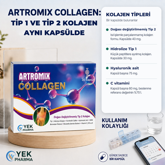 Artromix Collagen kutusu ve bir kapsüldeki tip 1 ve tip 2 kolajen, hyaluronik asit ve C vitamini miktarları