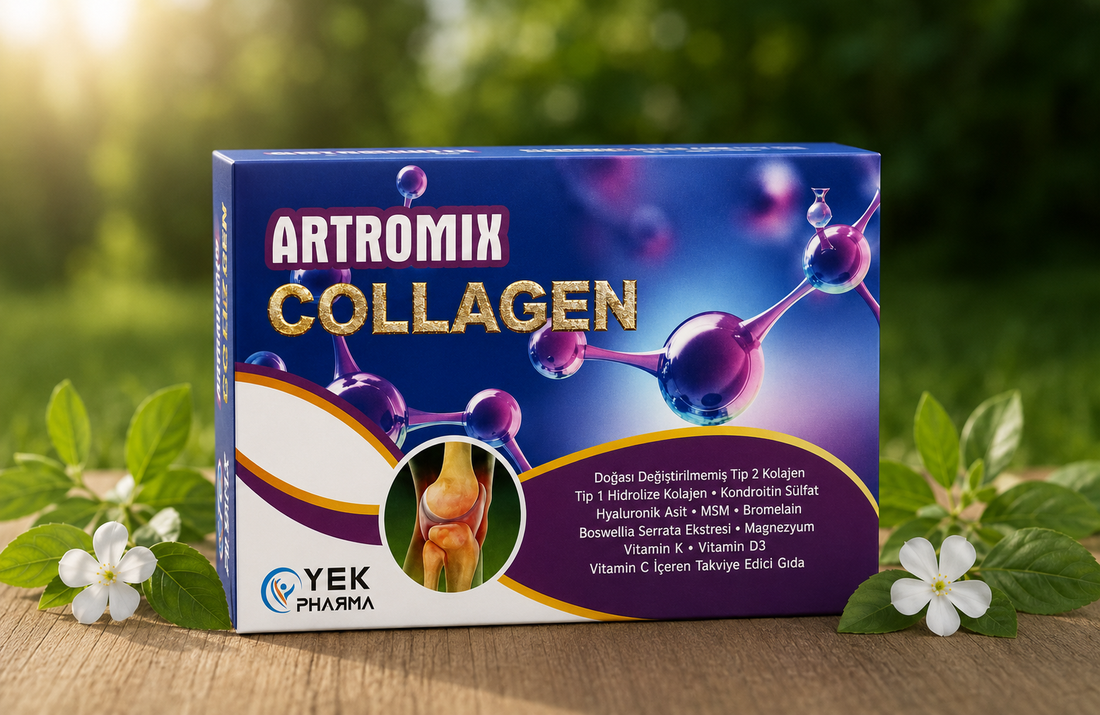Artromix Collagen 30 kapsül kutusu yeşil yapraklar arasında
