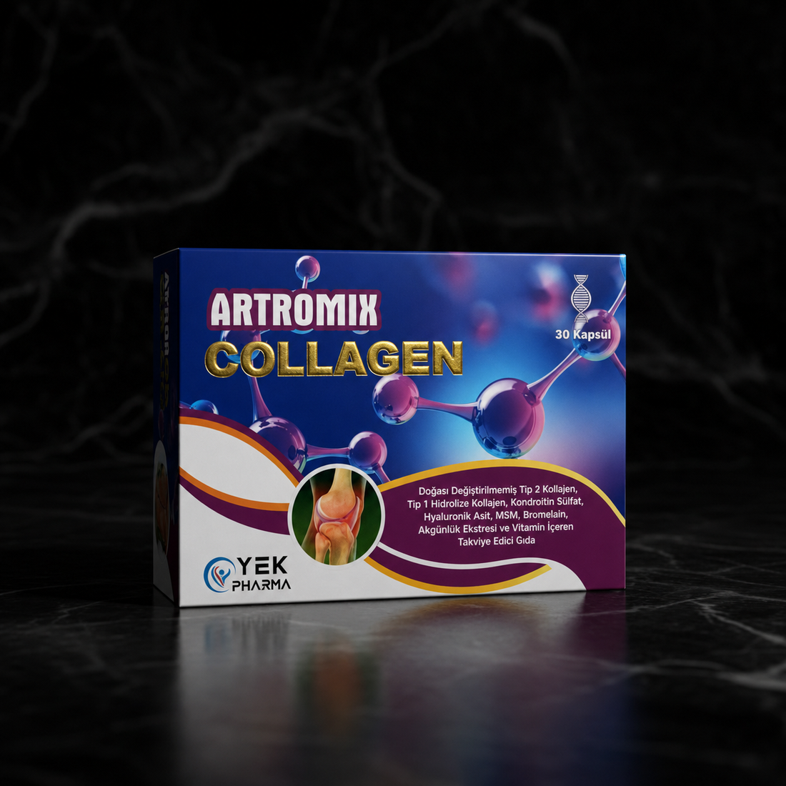 Artromix Collagen kutusu siyah mermer zemin üzerinde