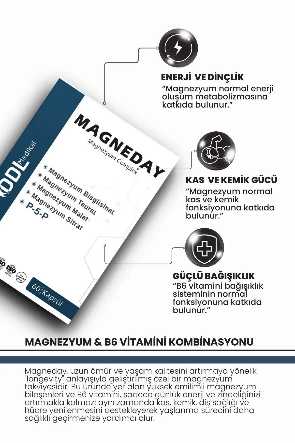 Magneday Magnezyum Complex 60 Kapsül ( Bisiglisinat I Taurat I Malat I Sitrat I B6 Vitamini )