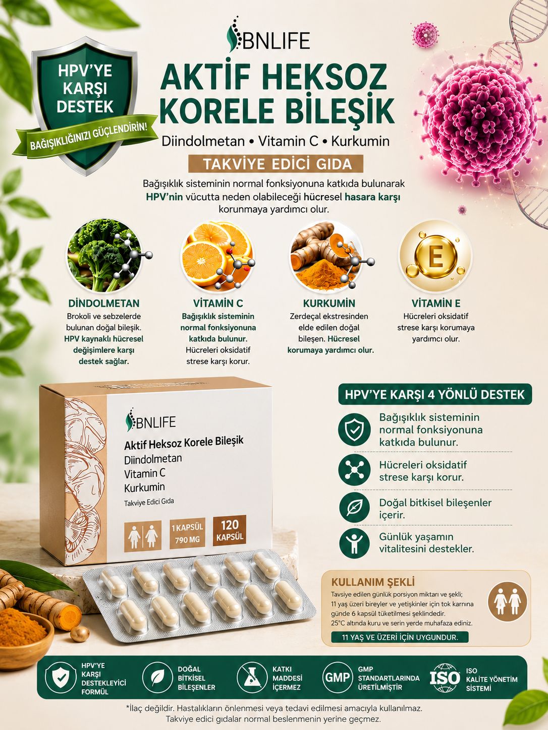 BNLife Aktif Heksoz Korele Bileşik Diindolmetan Vitamin C Kurkumin 120 Kapsül