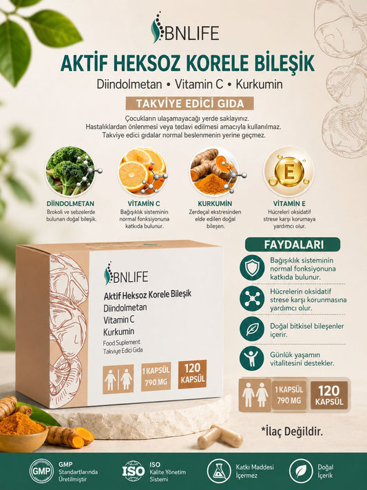 BNLife Aktif Heksoz Korele Bileşik, Diindolmetan, C Vitamini ve Kurkumin – 120 Kapsül