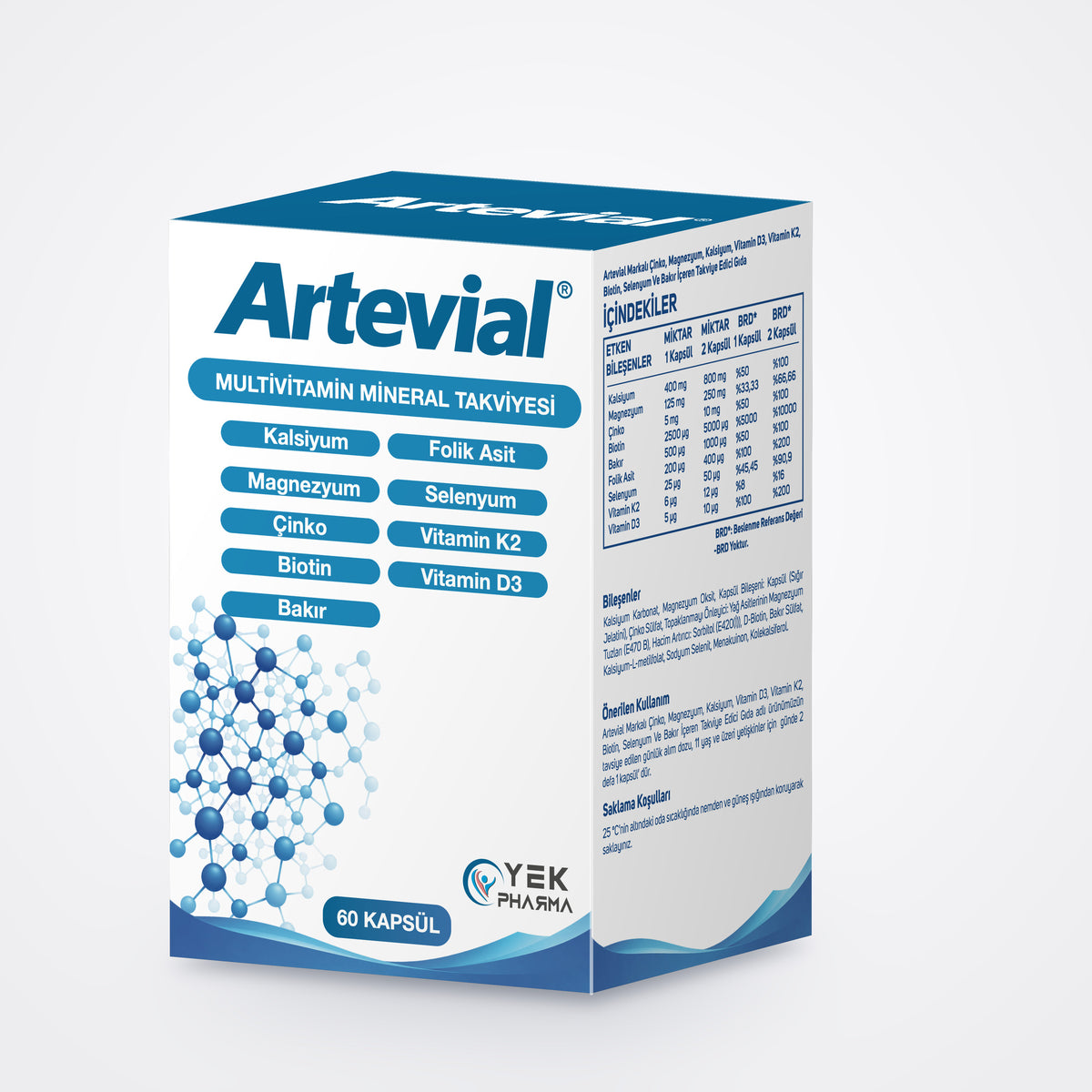 Artevial 60 kapsül multivitamin mineral takviyesi kutusu, yan görünüm