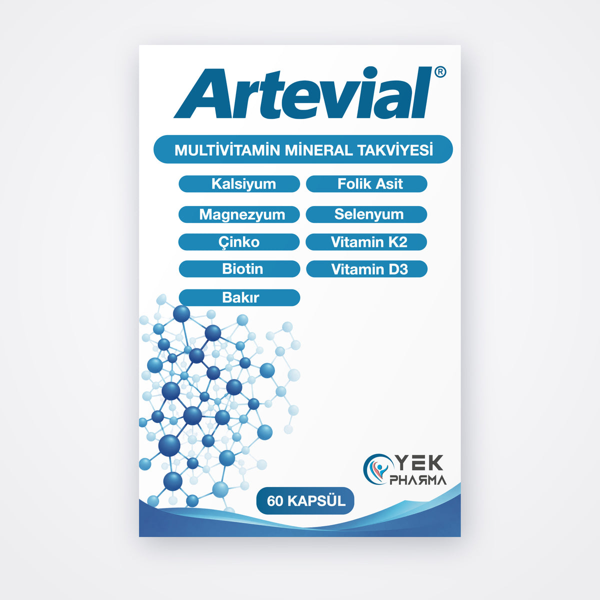 Artevial kutusunun ön yüzü: kalsiyum, magnezyum, çinko, biotin, bakır, folik asit, selenyum, K2 ve D3 vitamini