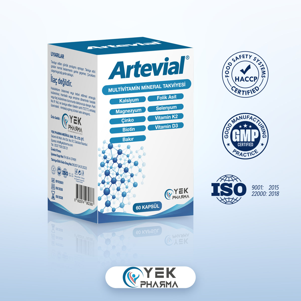 Artevial kutusu ile HACCP, GMP ve ISO belge logoları