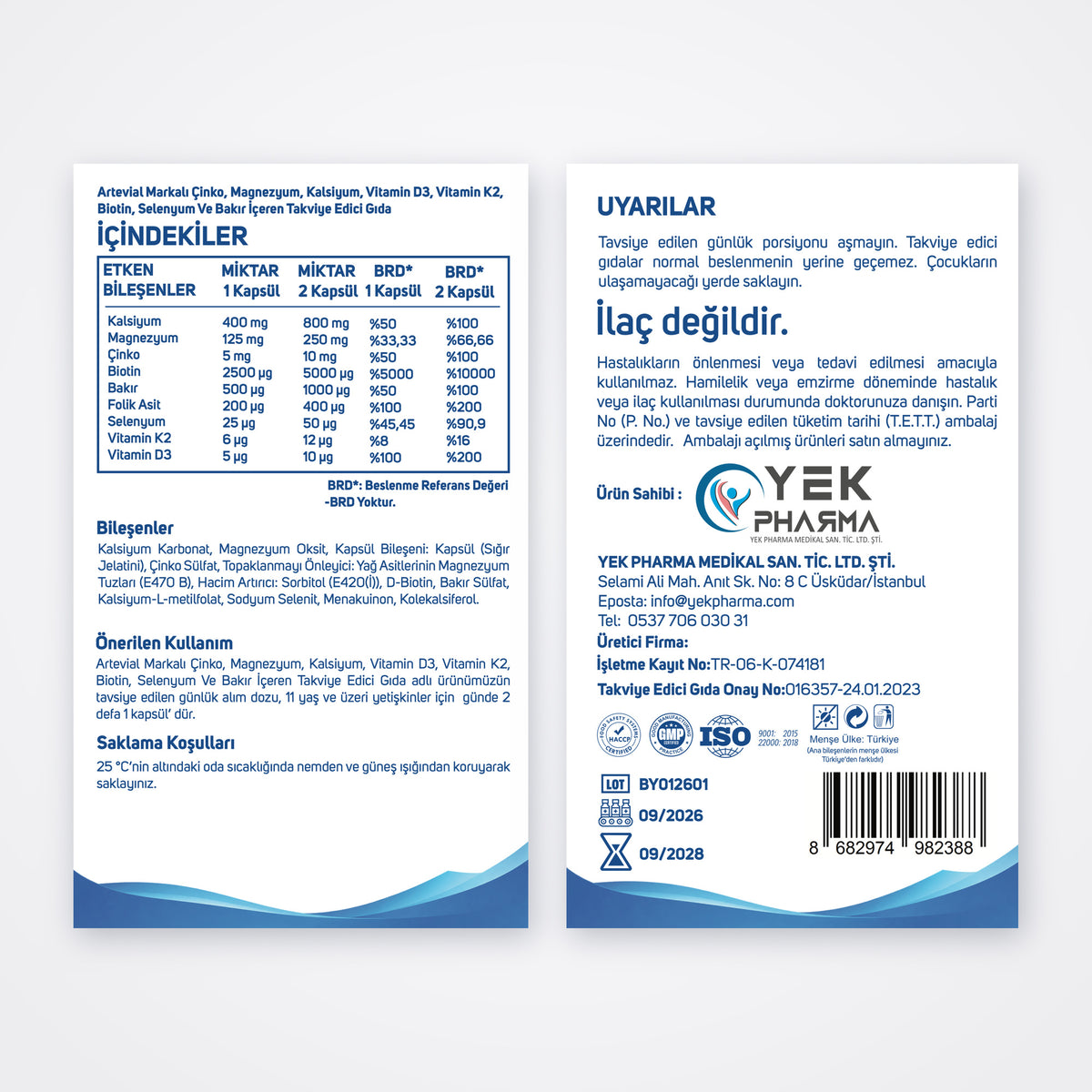 Artevial kutusunun arka yüzü: içindekiler ve uyarılar