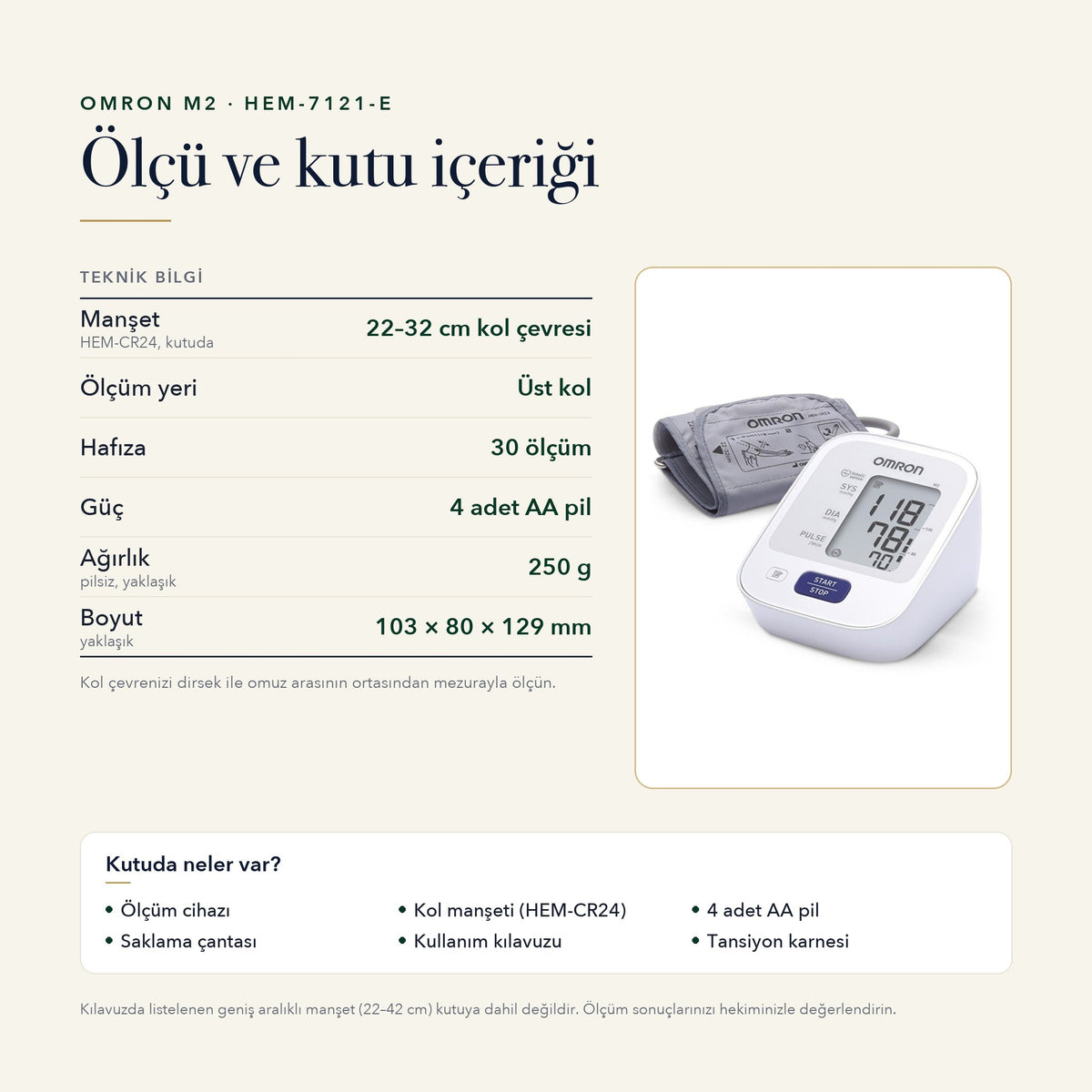 Omron M2 HEM-7121-E ölçü ve kutu içeriği: 22–32 cm manşet, 30 ölçüm hafıza, 4 adet AA pil