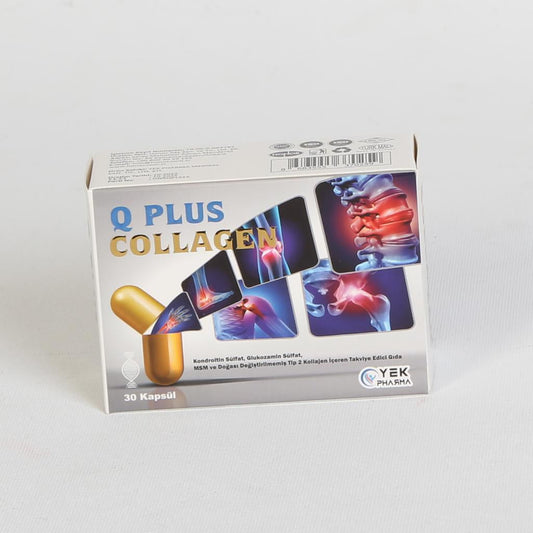 Q Plus Collagen 30 kapsül kutusu, beyaz zemin