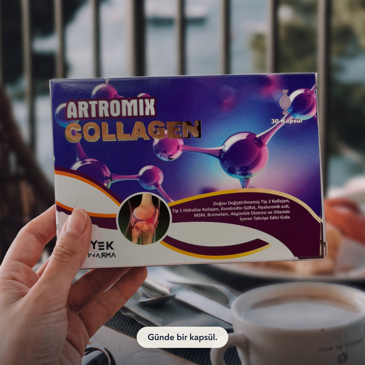 Artromix Collagen 30 kapsül kutusu günlük bir ortamda