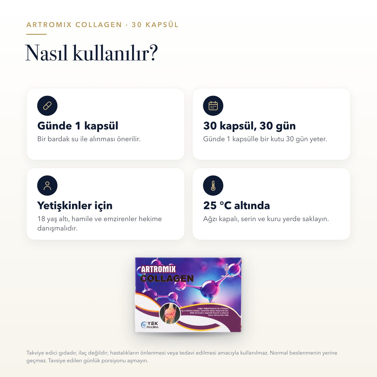 Artromix Collagen 30 kapsül nasıl kullanılır: günlük kullanım, kutu süresi, kullanıcı grubu ve saklama