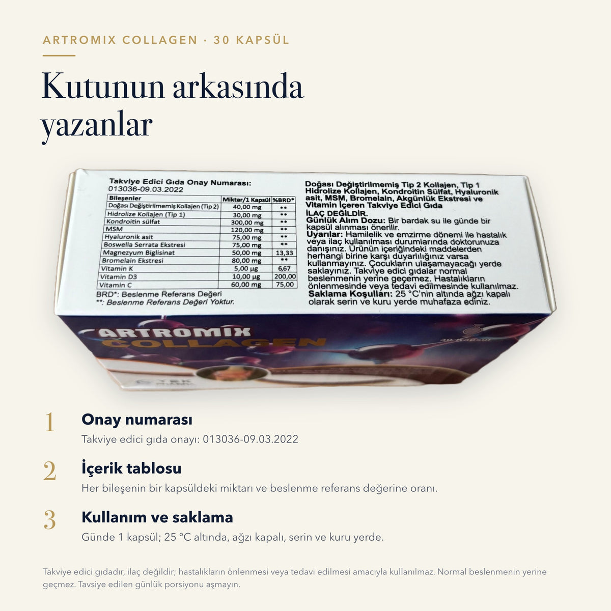 Artromix Collagen 30 kapsül kutusunun arka etiketi: onay numarası, içerik tablosu, kullanım ve saklama