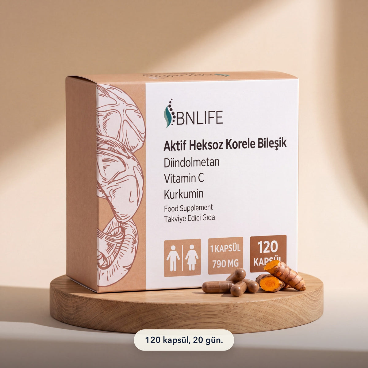 BNLife Aktif Heksoz Korele Bileşik 120 kapsül kutusu günlük bir ortamda