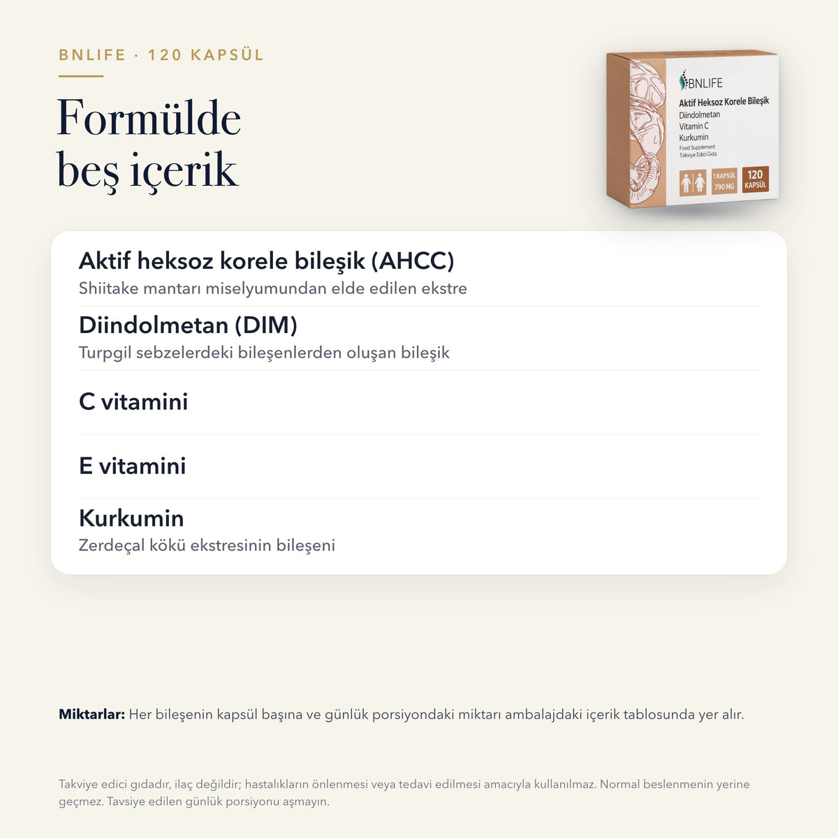 BNLife Aktif Heksoz Korele Bileşik 120 kapsül içerik tablosu: bileşenler ve miktarları