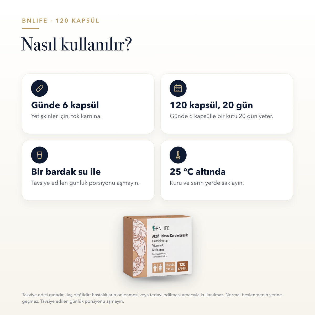 BNLife Aktif Heksoz Korele Bileşik 120 kapsül nasıl kullanılır: günlük kullanım, kutu süresi, kullanıcı grubu ve saklama