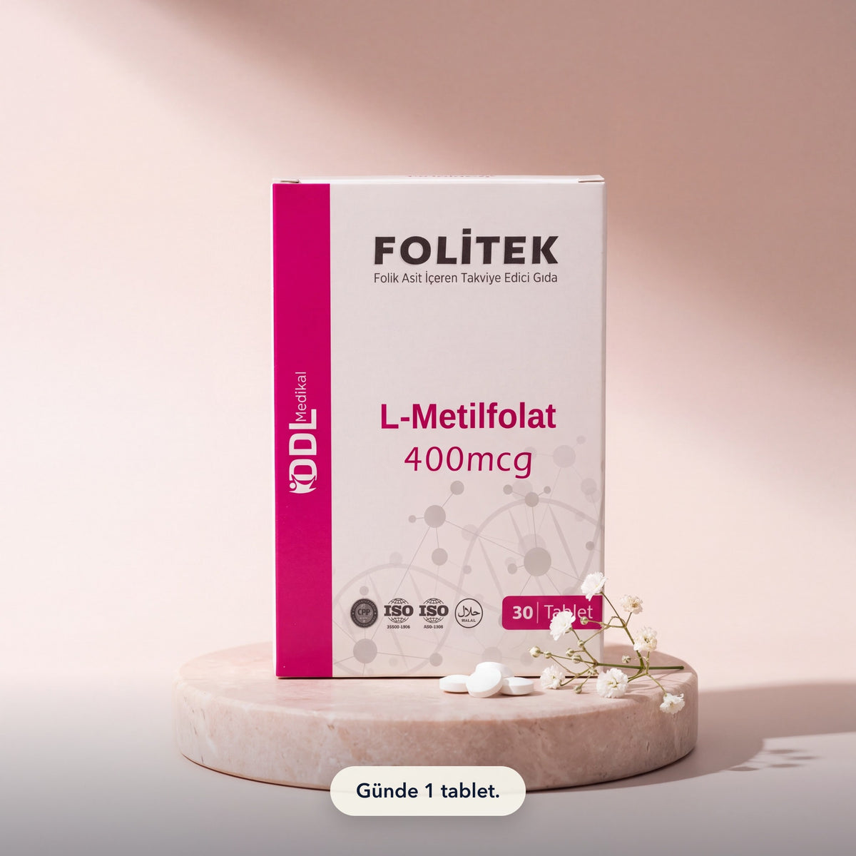 Folitek L-metilfolat 400 mikrogram 30 tablet kutusu günlük bir ortamda