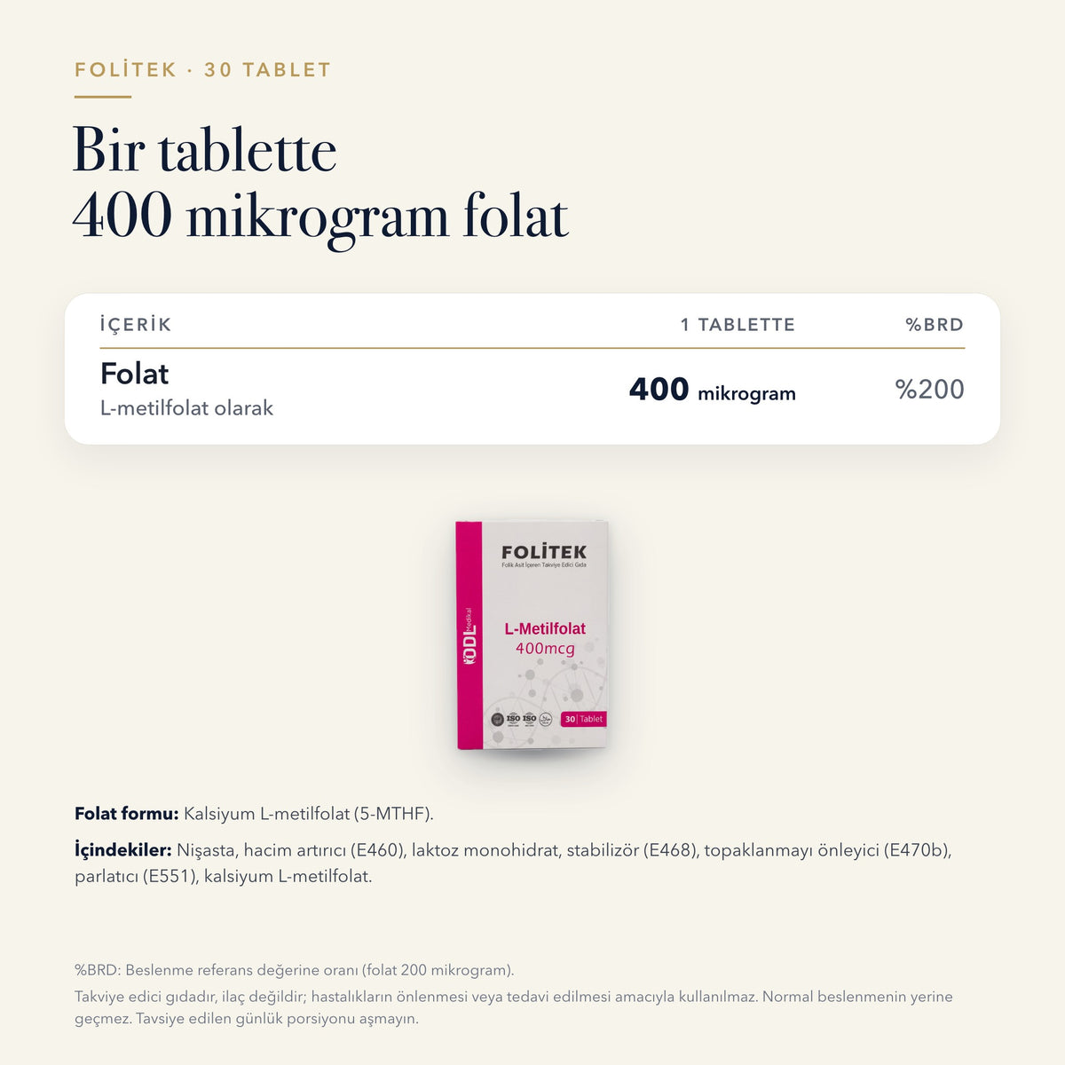 Folitek L-metilfolat 400 mikrogram 30 tablet içerik tablosu: bileşenler ve miktarları