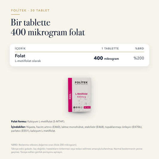 Folitek L-metilfolat 400 mikrogram 30 tablet içerik tablosu: bileşenler ve miktarları