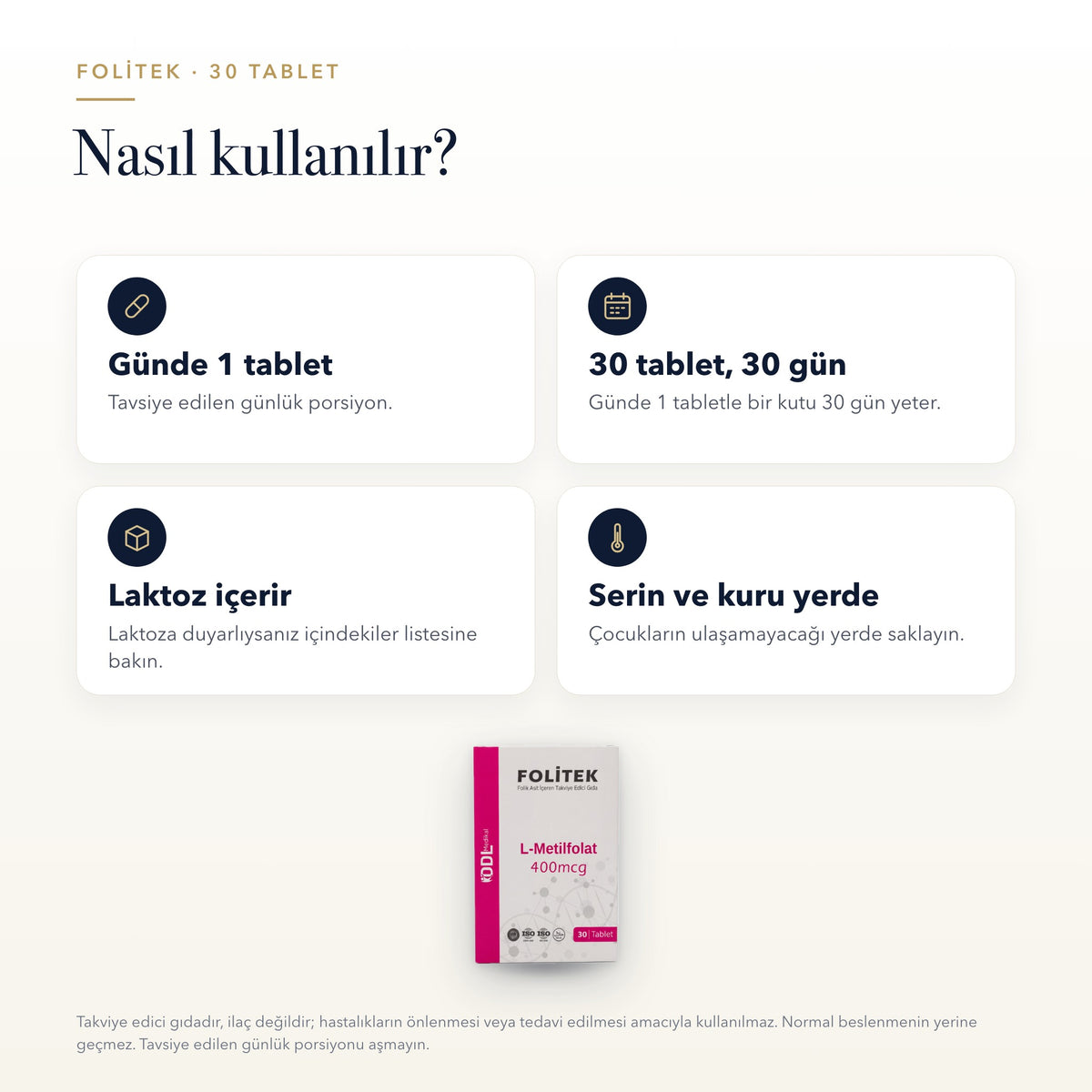Folitek L-metilfolat 400 mikrogram 30 tablet nasıl kullanılır: günlük kullanım, kutu süresi, kullanıcı grubu ve saklama