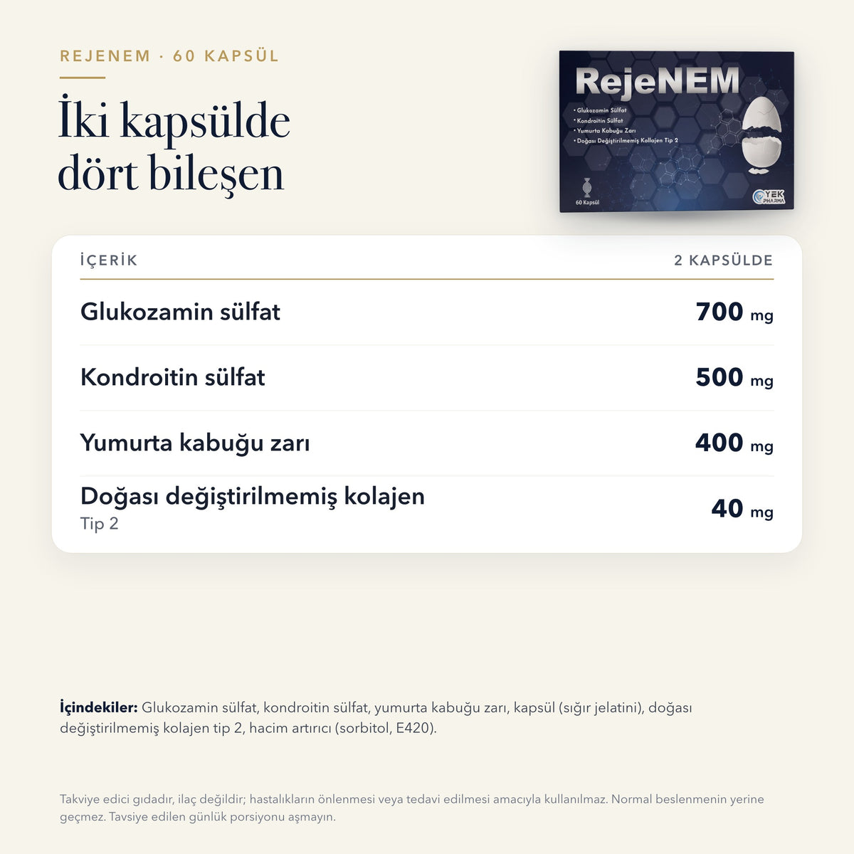 Rejenem 60 kapsül içerik tablosu: bileşenler ve miktarları